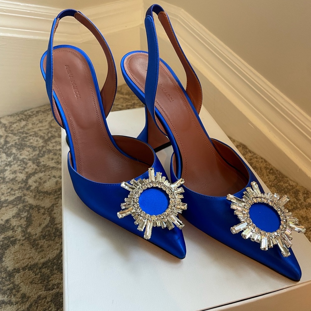 Satin blue Amina Muaddi slingback heels